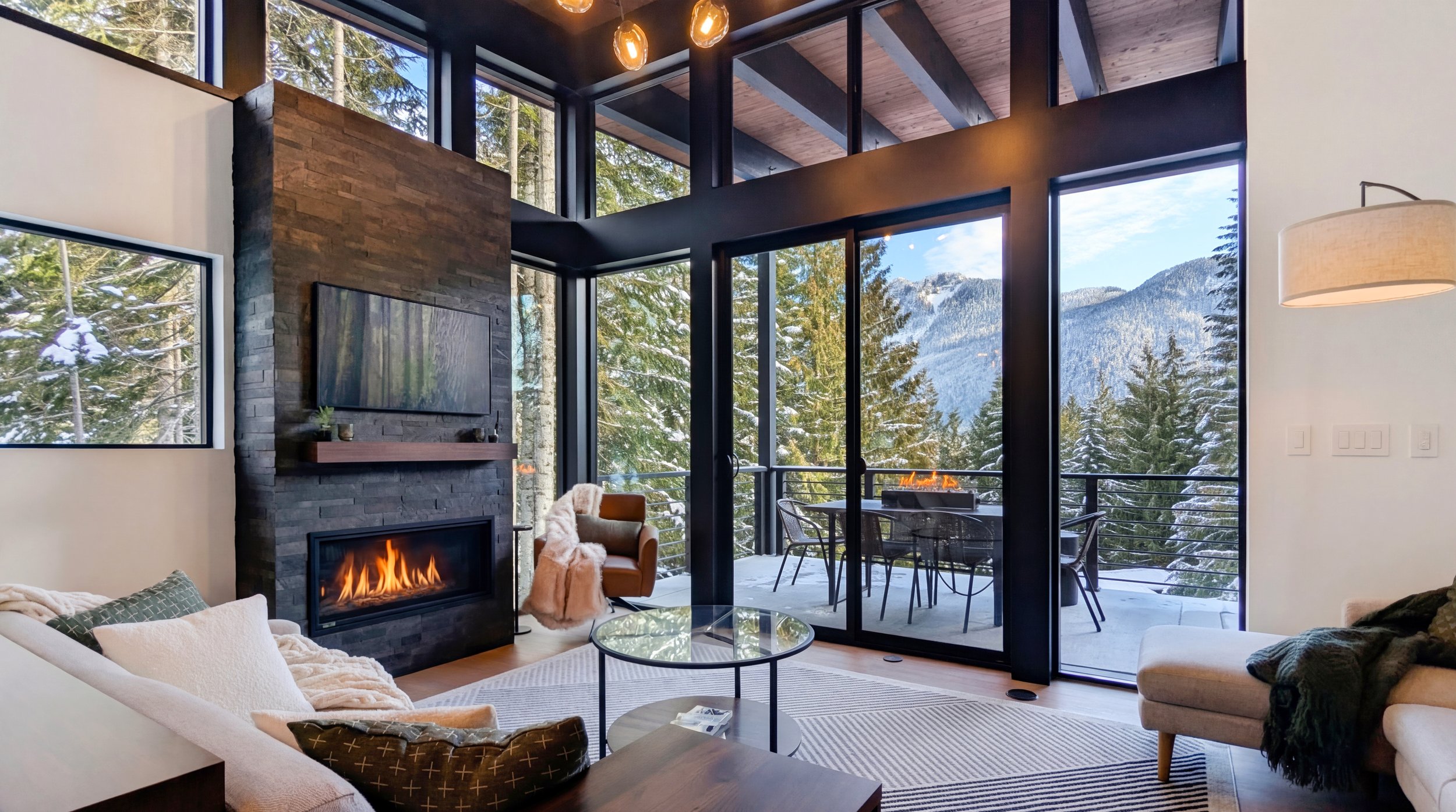 Snoqualmie Pass house interior design with exposed beams and warm wood finishes