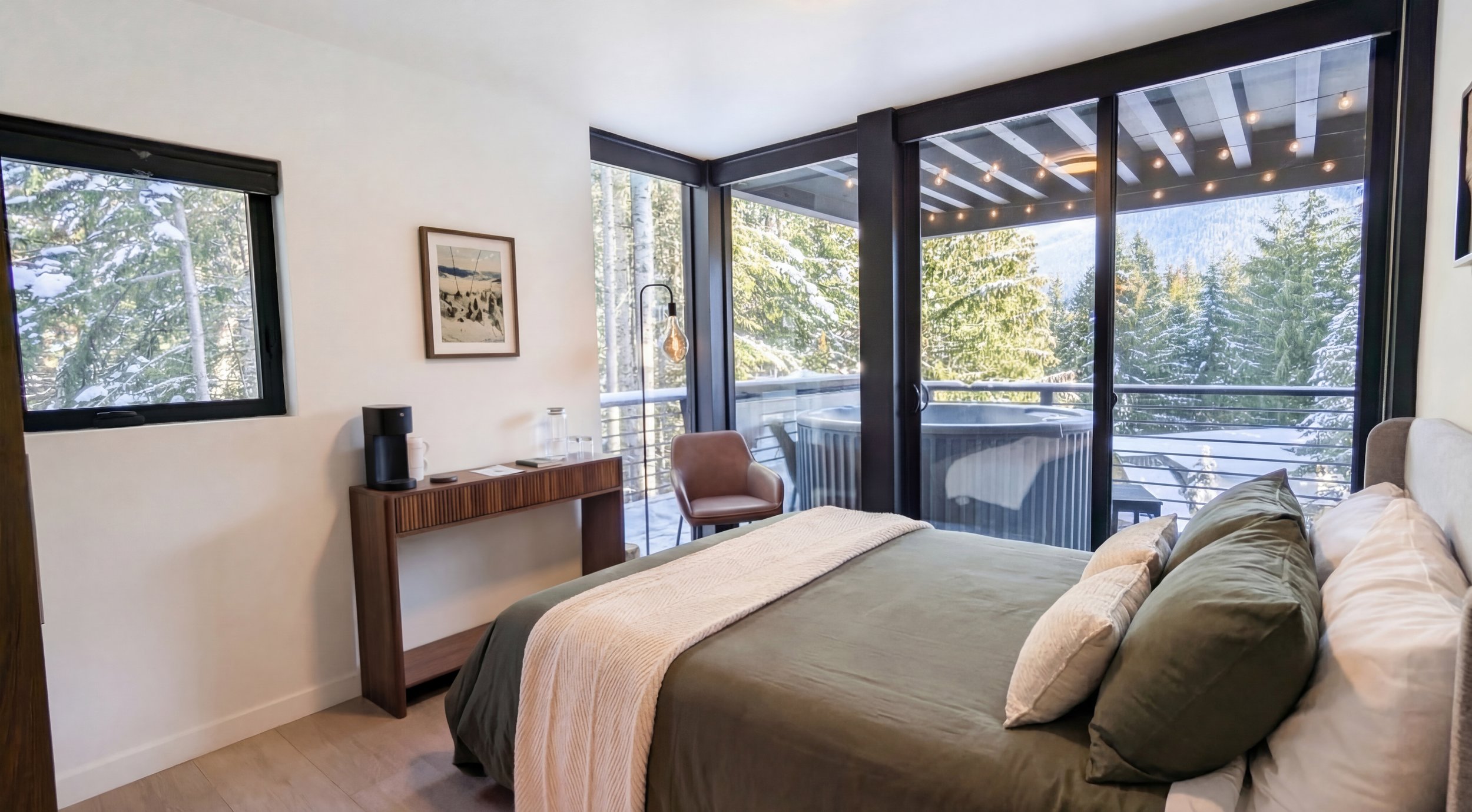 Snoqualmie Pass house design — bedroom with forest views