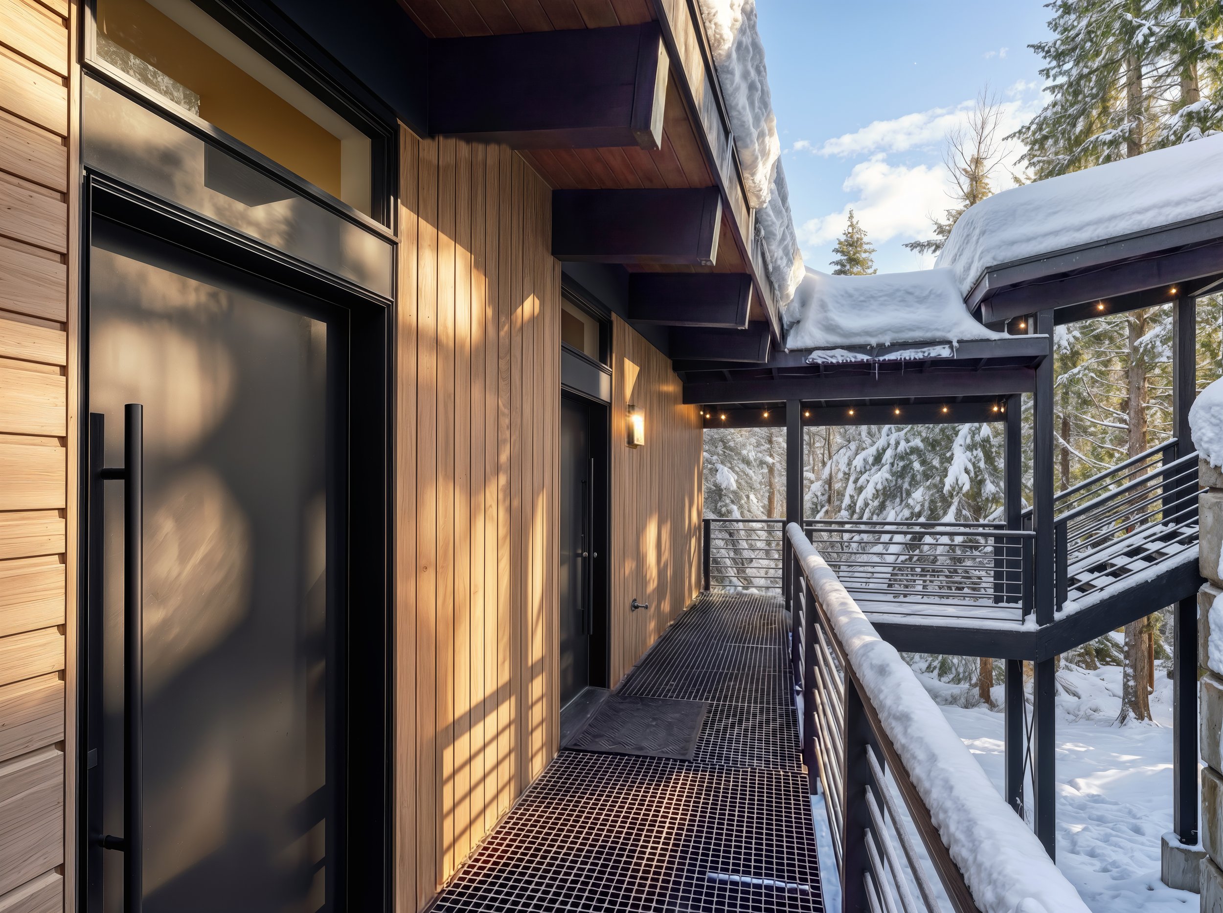 Snoqualmie Pass house design — covered entry walkway on a Cascade mountain home