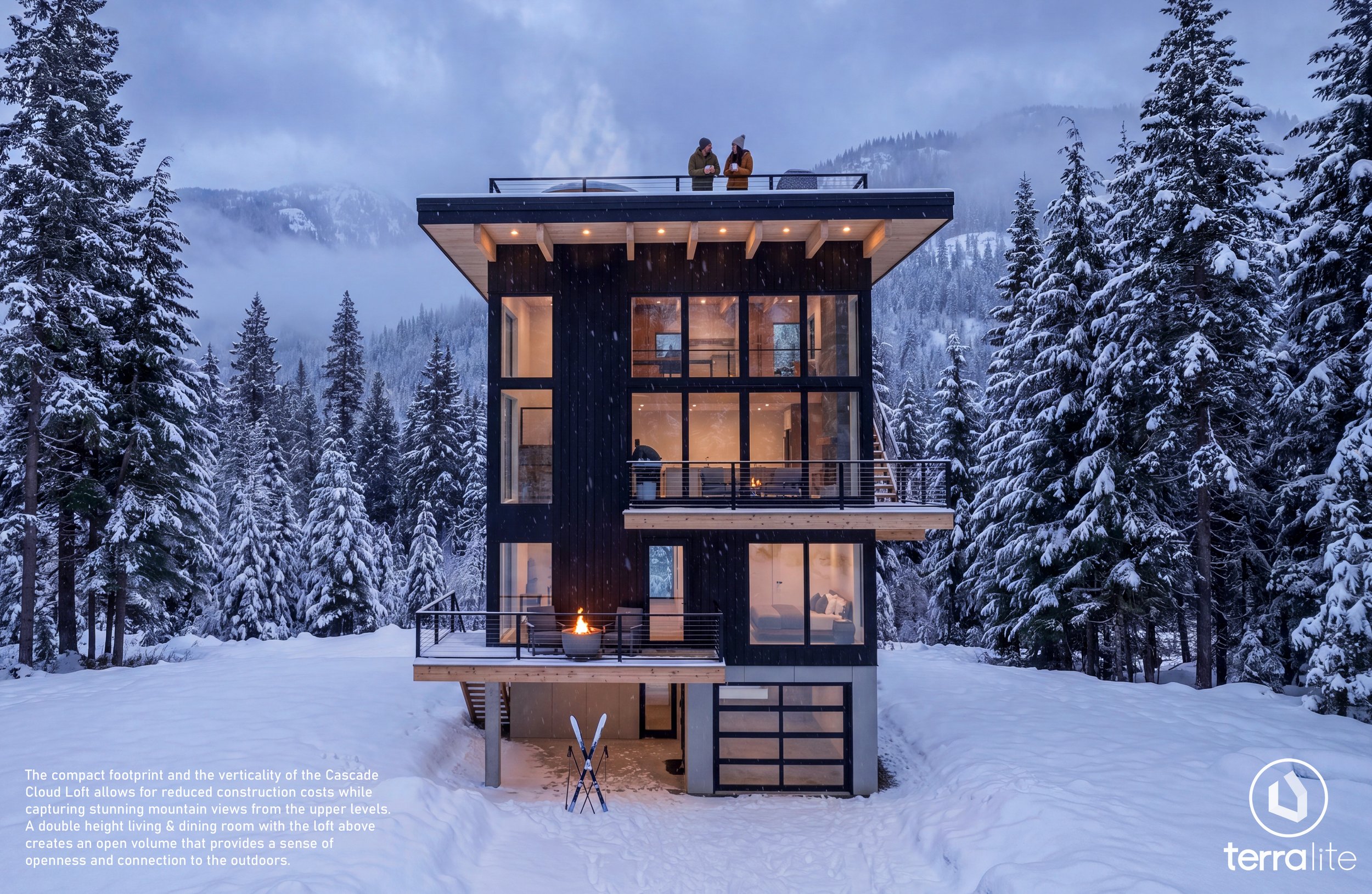 Starwater at Snoqualmie Pass — modern multi-level cabin architecture with large windows in a snow-covered forest