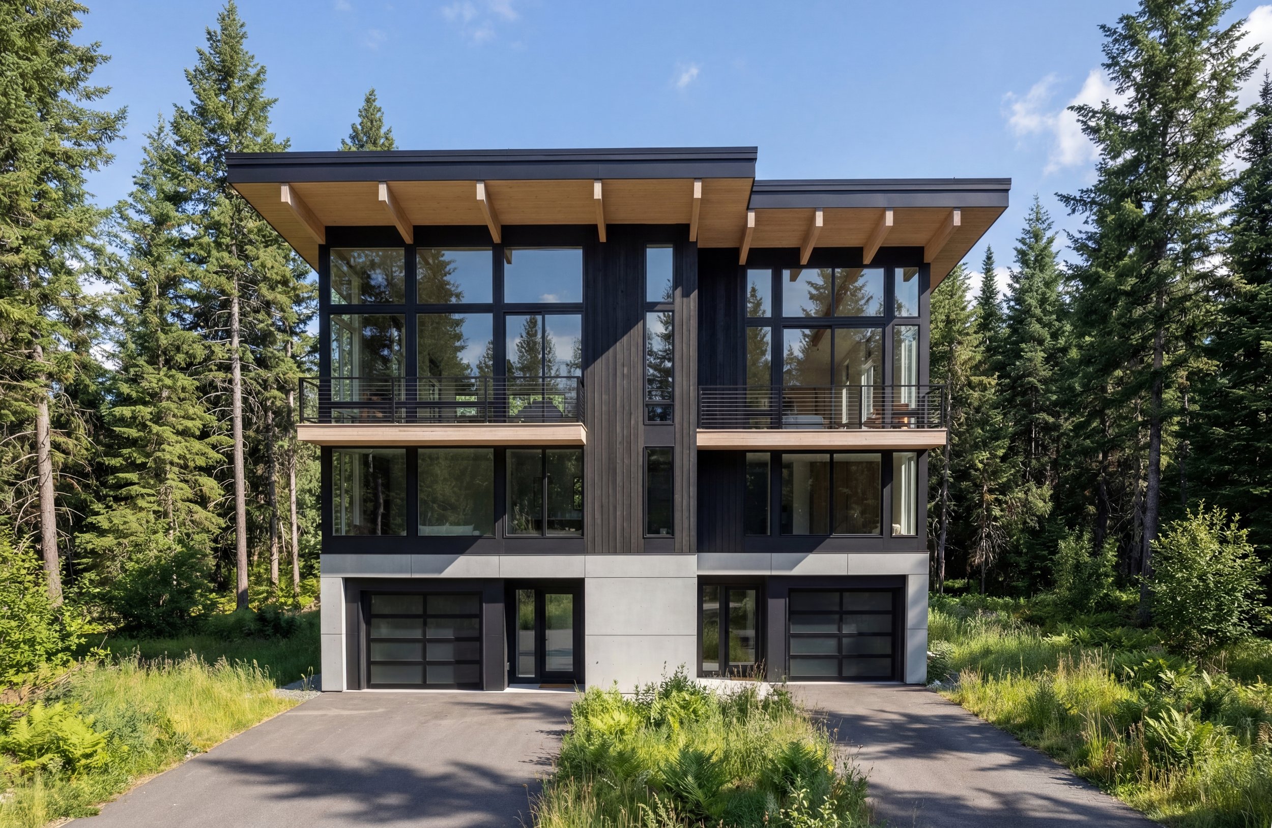 The Cascade House ADU design at Hyak, Snoqualmie Pass — garage wing and covered entry approach