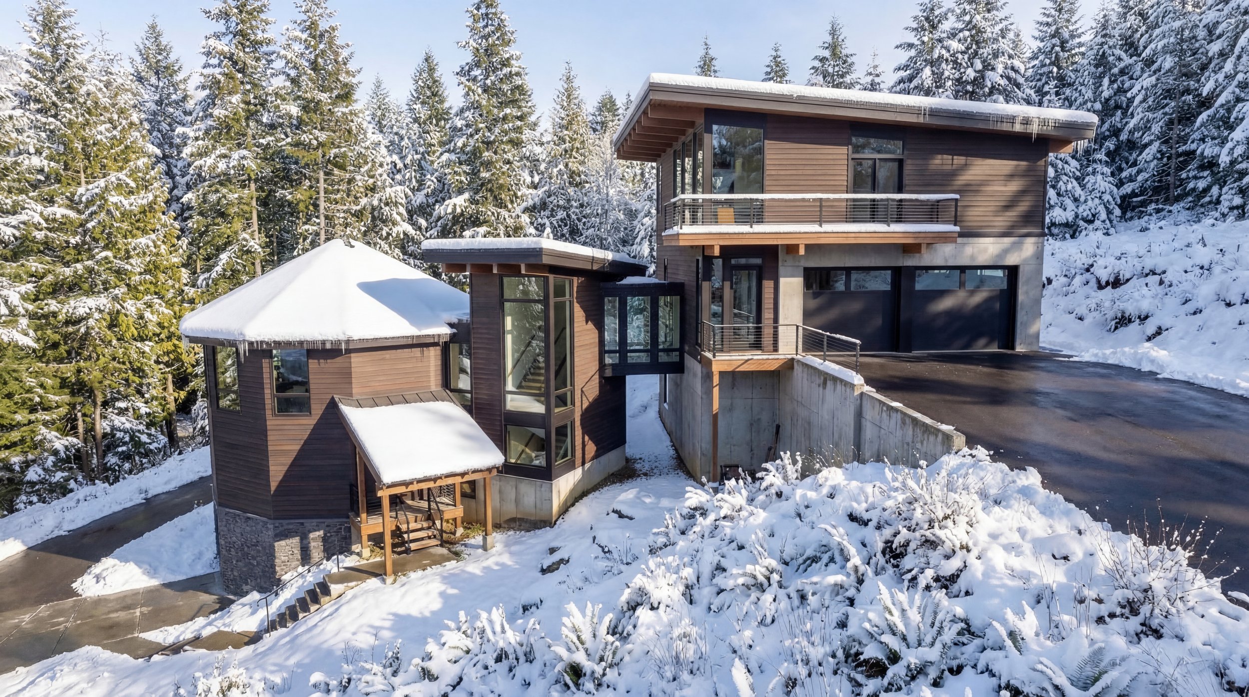Snoqualmie Pass renovation — The Bridge House cabin in winter snow at Hyak