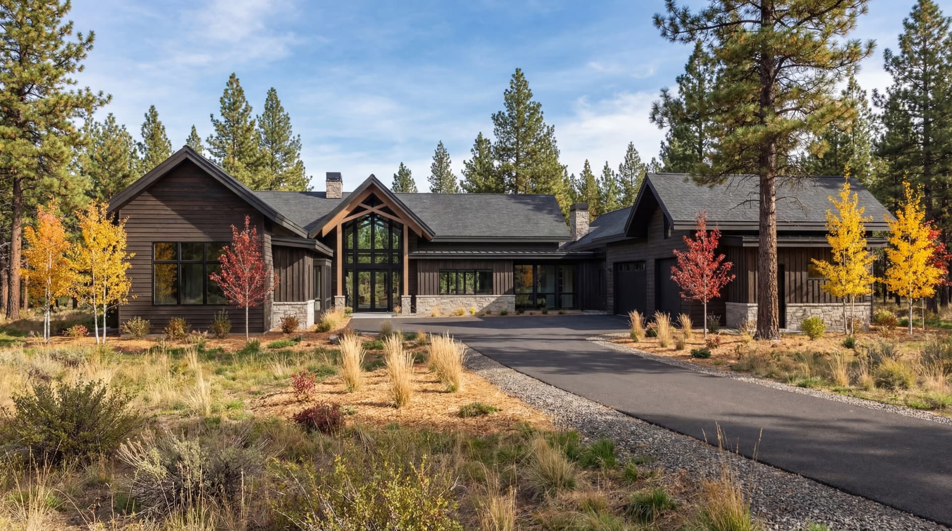 Suncadia house design — autumn front facade of a contemporary lodge-style home near Cle Elum