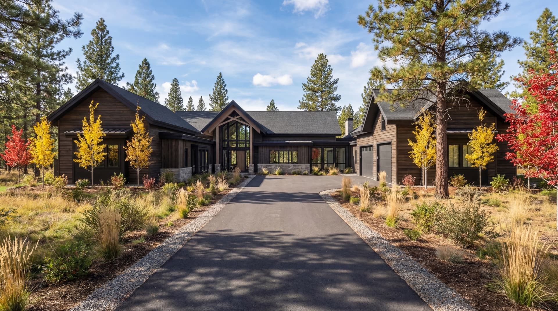 Suncadia custom house front approach with fall color and native landscaping near Cle Elum