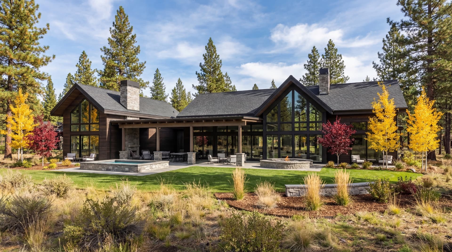 Suncadia house design — rear exterior with lawn, fire pit and covered outdoor living space