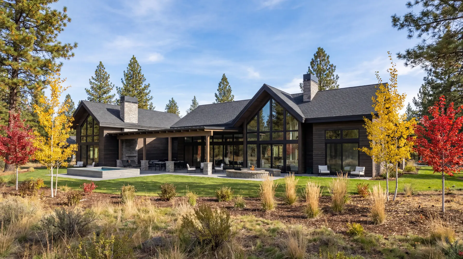 The Ponderosa Lake House — Suncadia architecture at Nelson Lakes with spa, fire pit and fall color