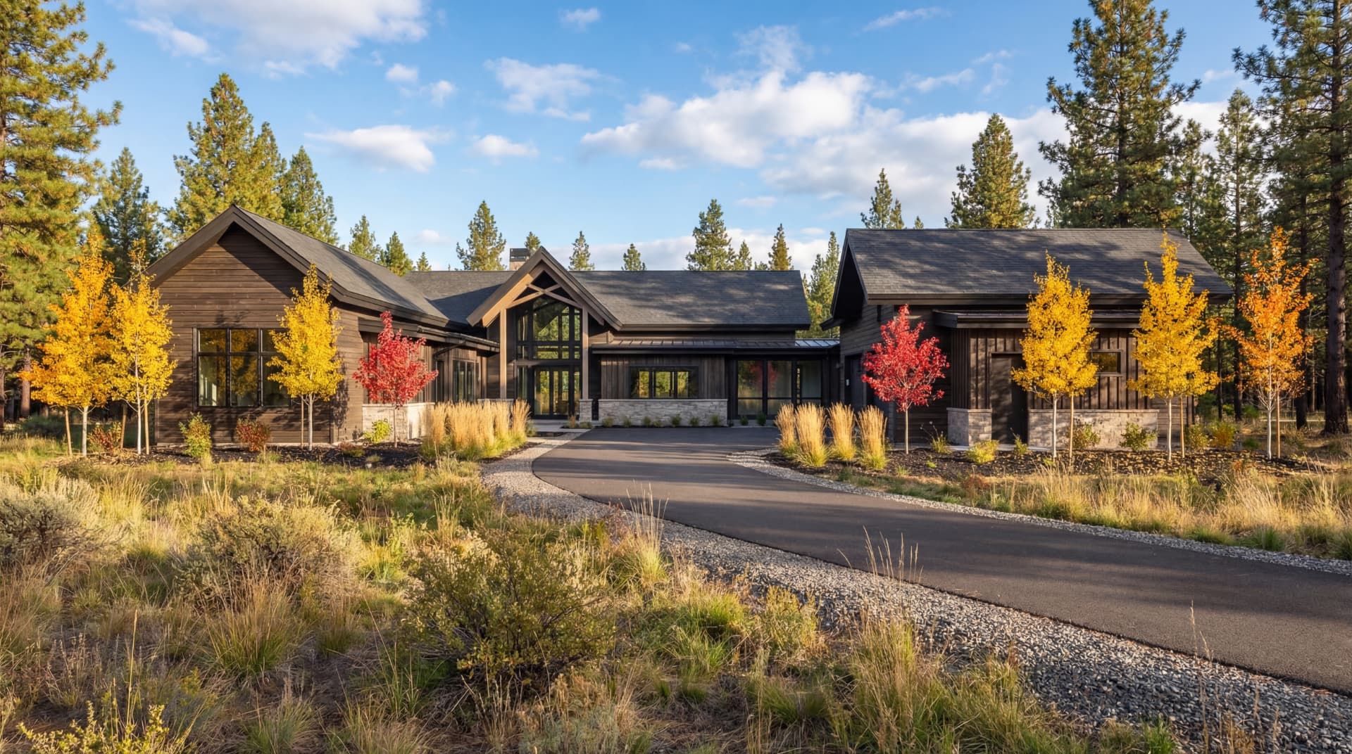 Suncadia architecture — autumn drive approach to a Tumble Creek custom house near Cle Elum