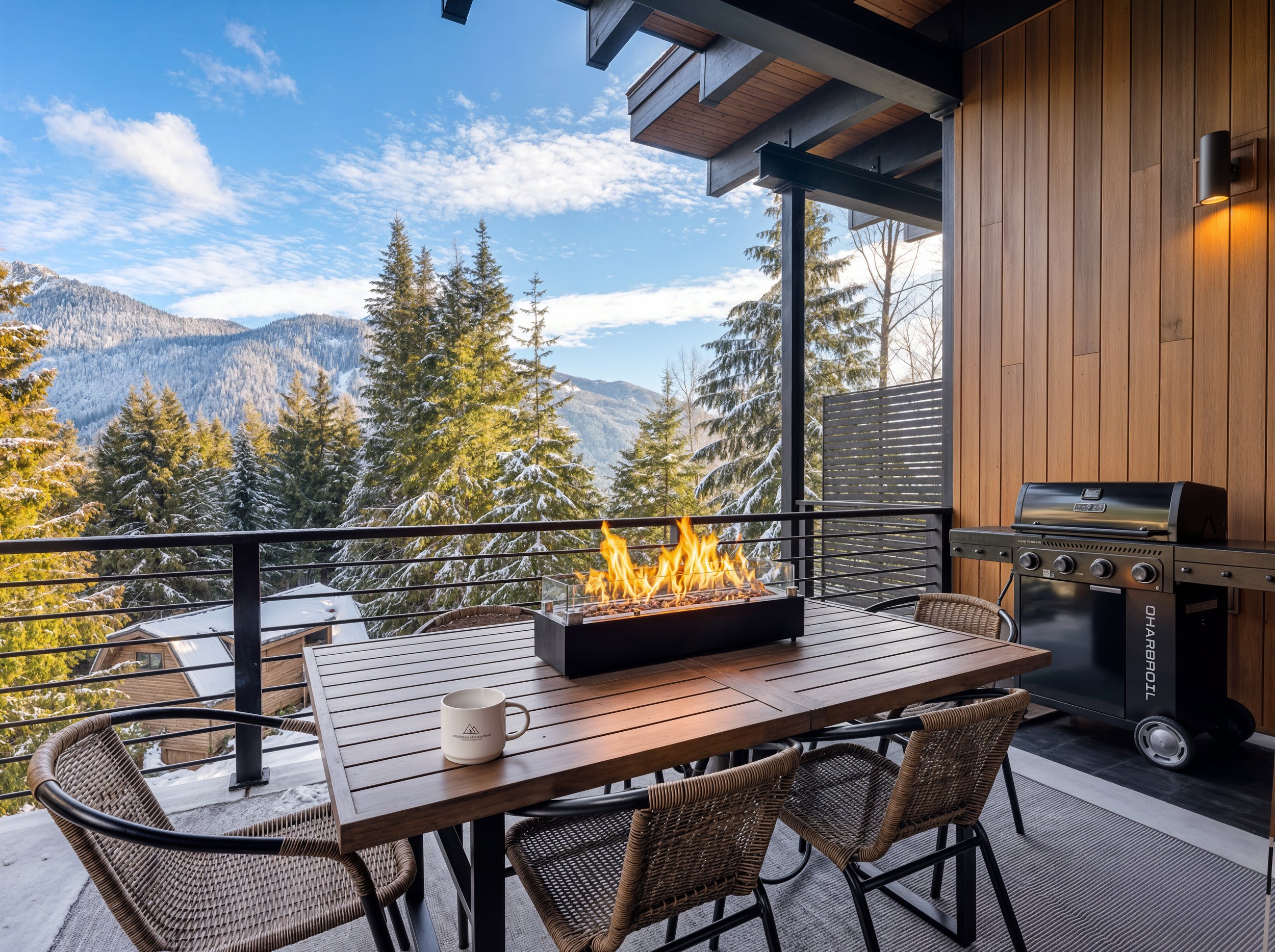 Cascade custom house design — outdoor fire table and grill area