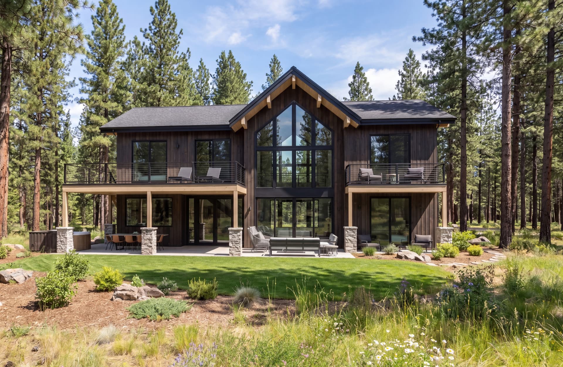 Suncadia custom house rear terrace with outdoor seating and mountain forest backdrop