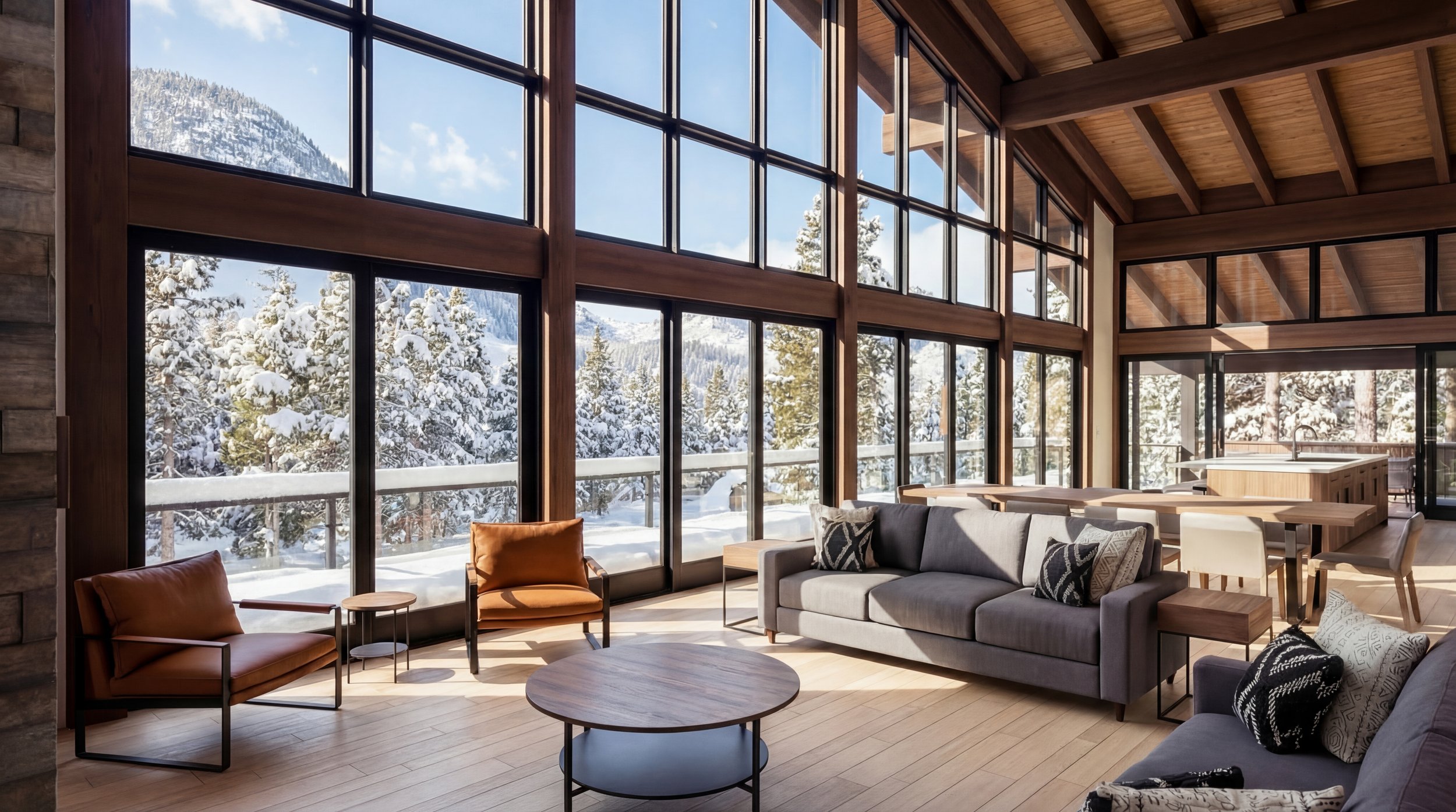 Snoqualmie Pass house design in winter — alpine modern exterior with snow-covered roof