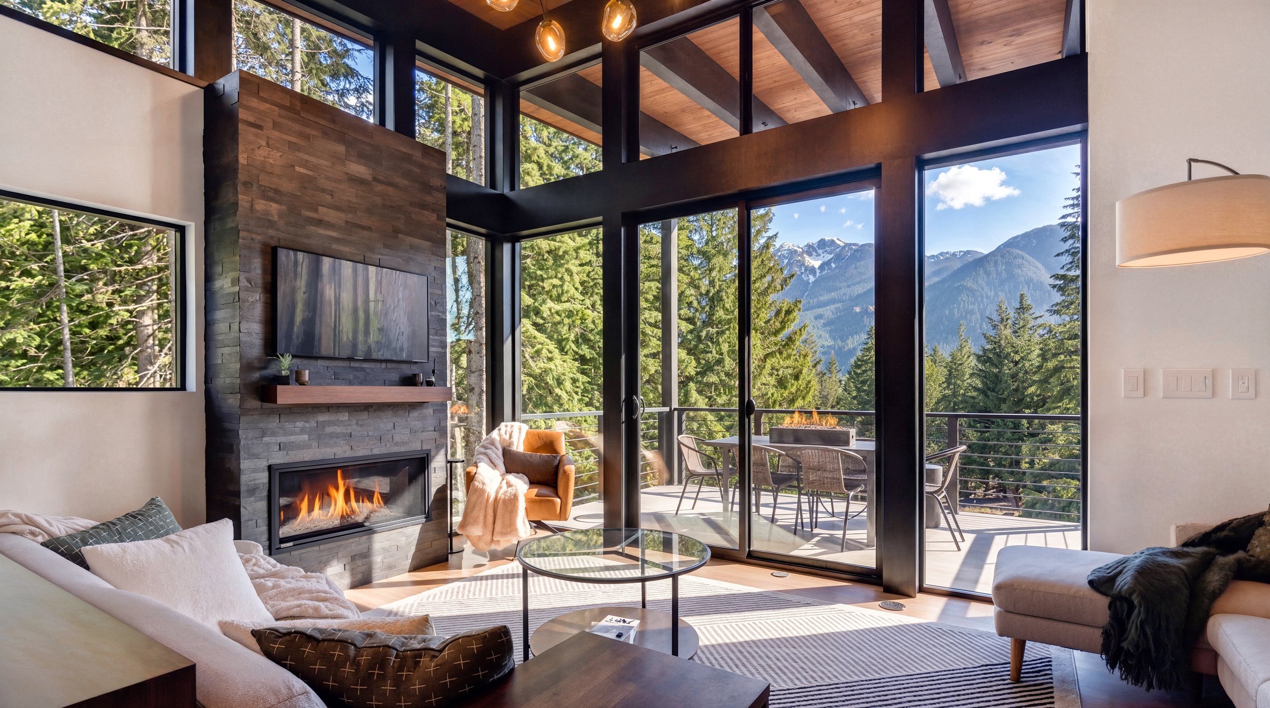 Suncadia and Cle Elum house design — summer living room with open glazing