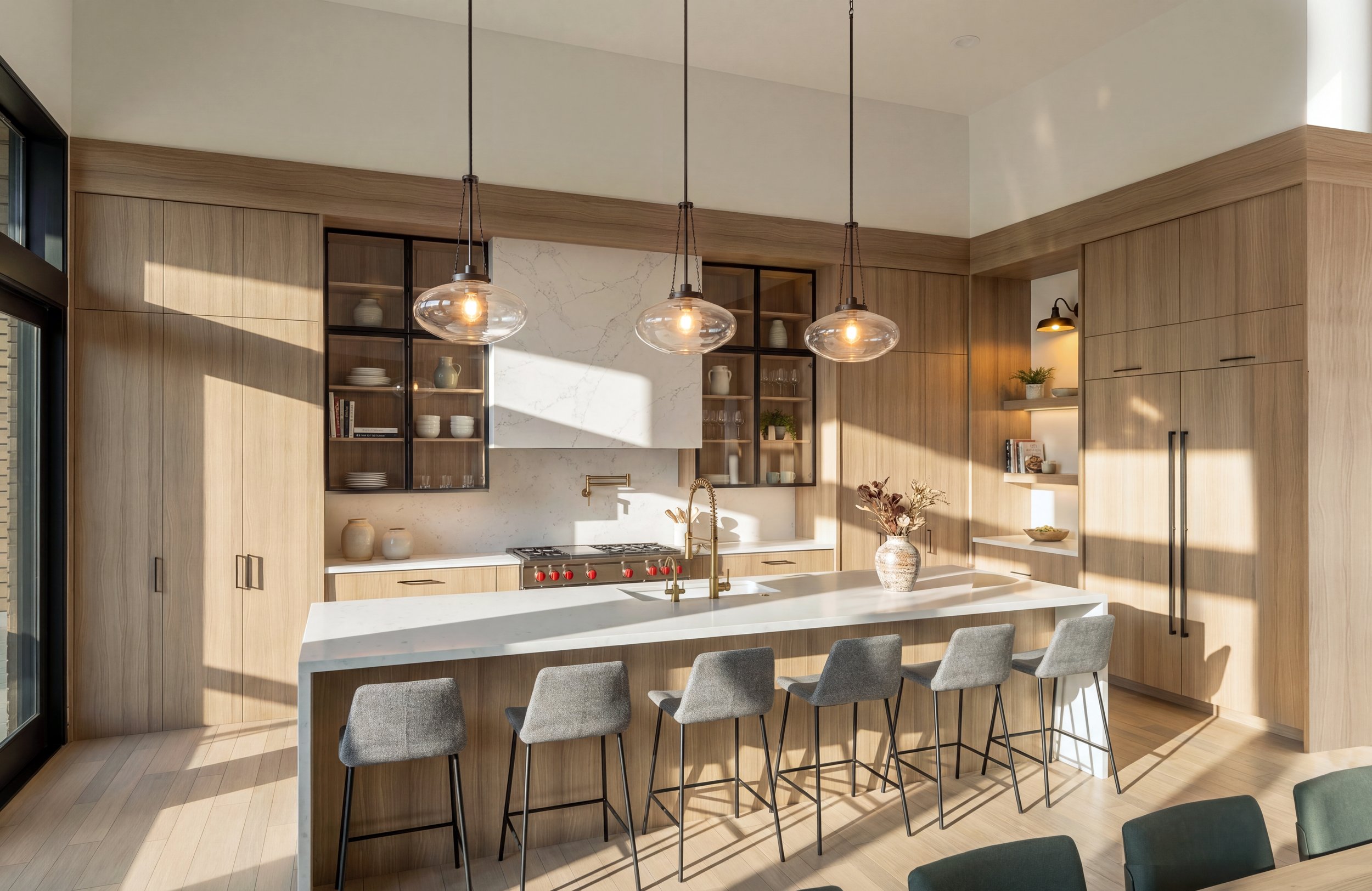 Cascade mountain house kitchen design with natural wood cabinetry