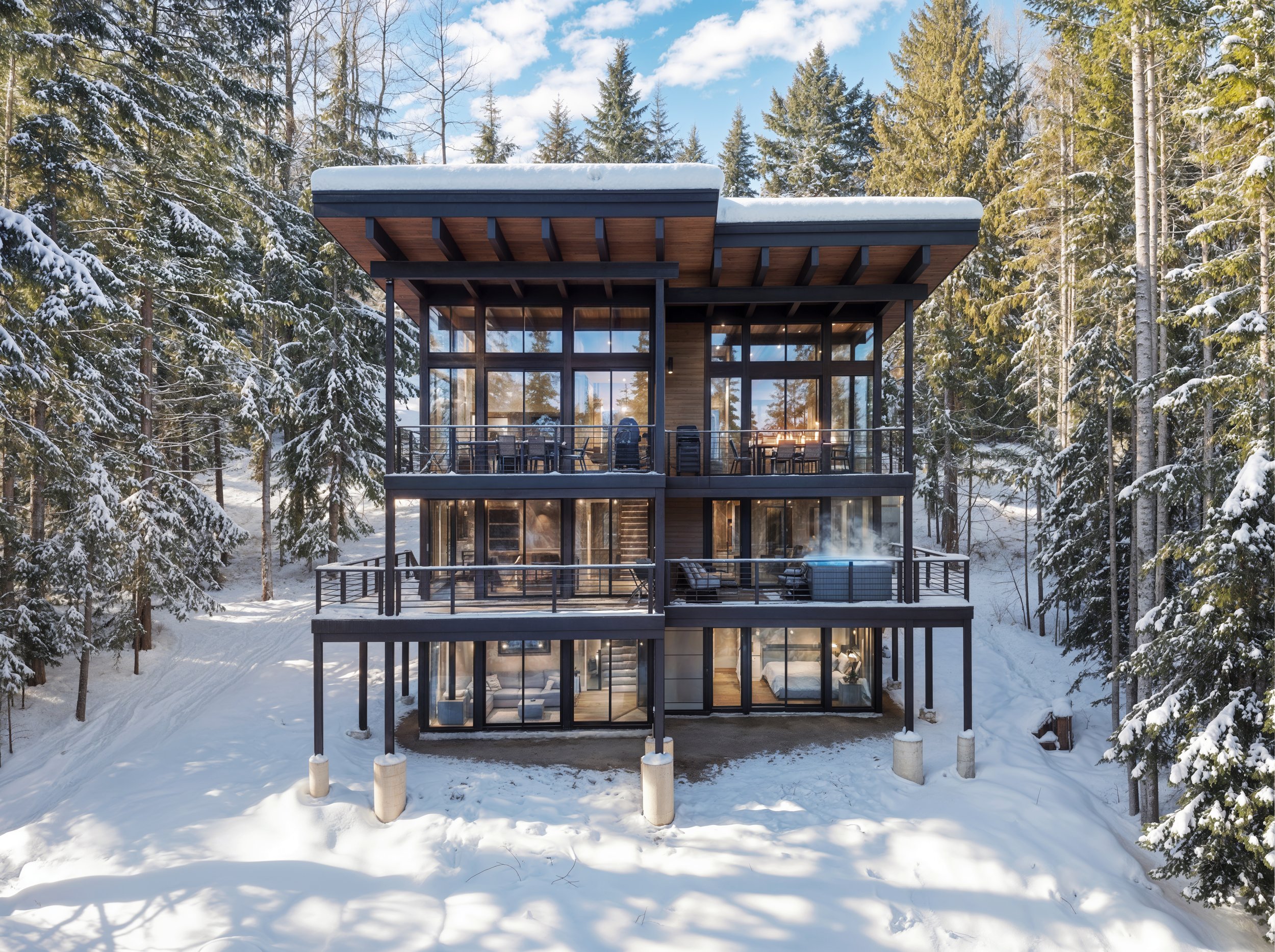 Snoqualmie Pass architecture — aerial view of a mountain modern custom house at Hyak