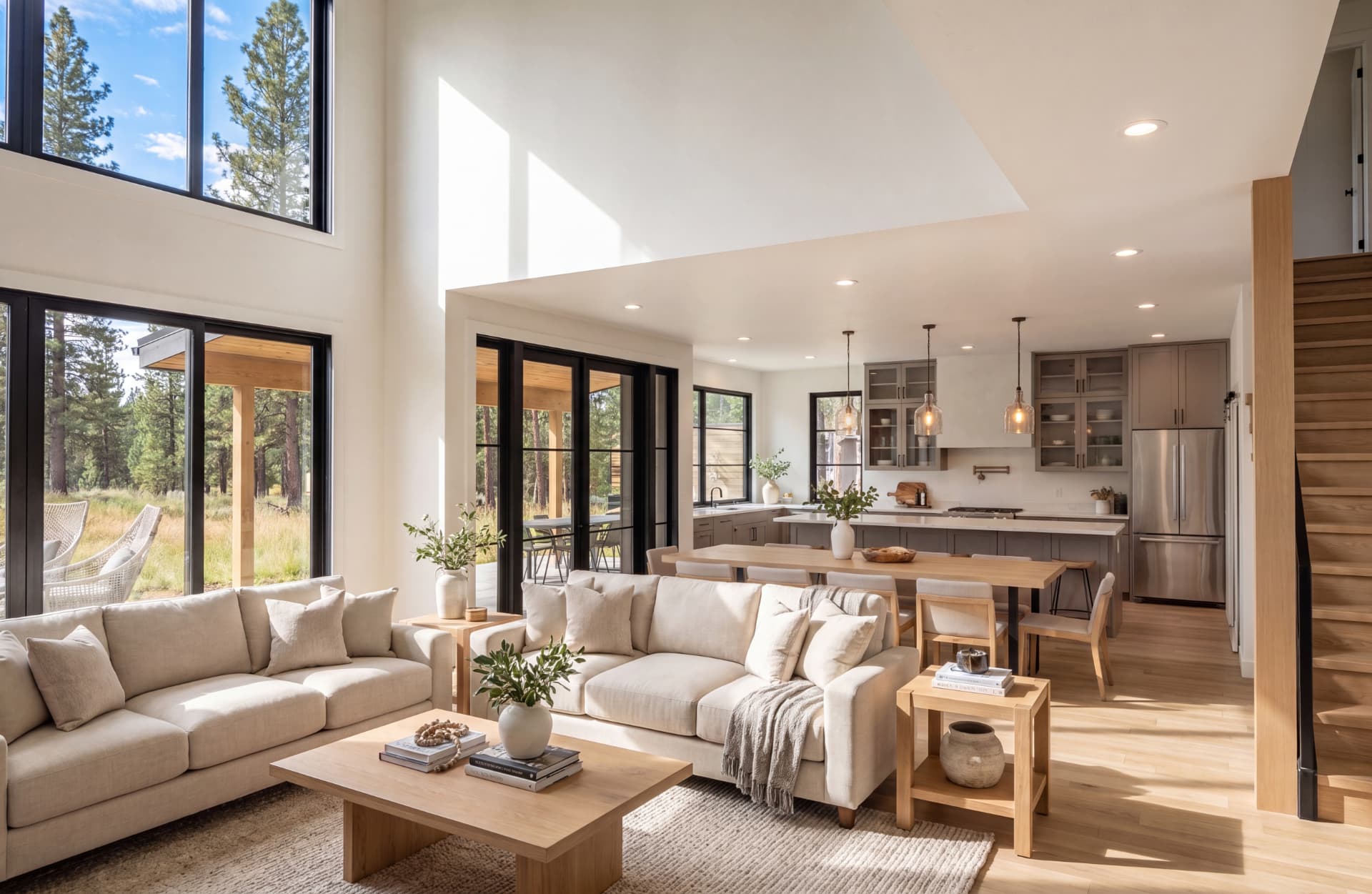 Suncadia architect-designed living room with tall ceilings and forest views