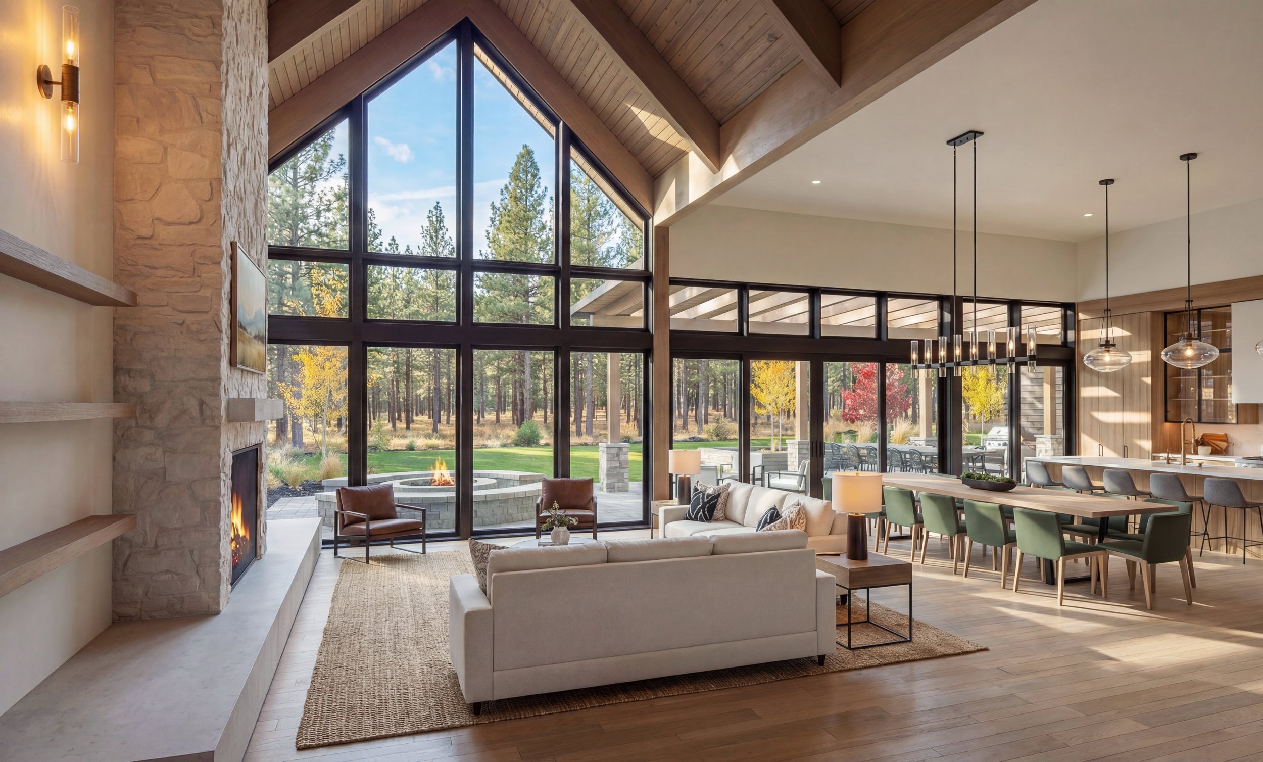 Cle Elum and Snoqualmie Pass house design — light-filled living room with timber ceiling