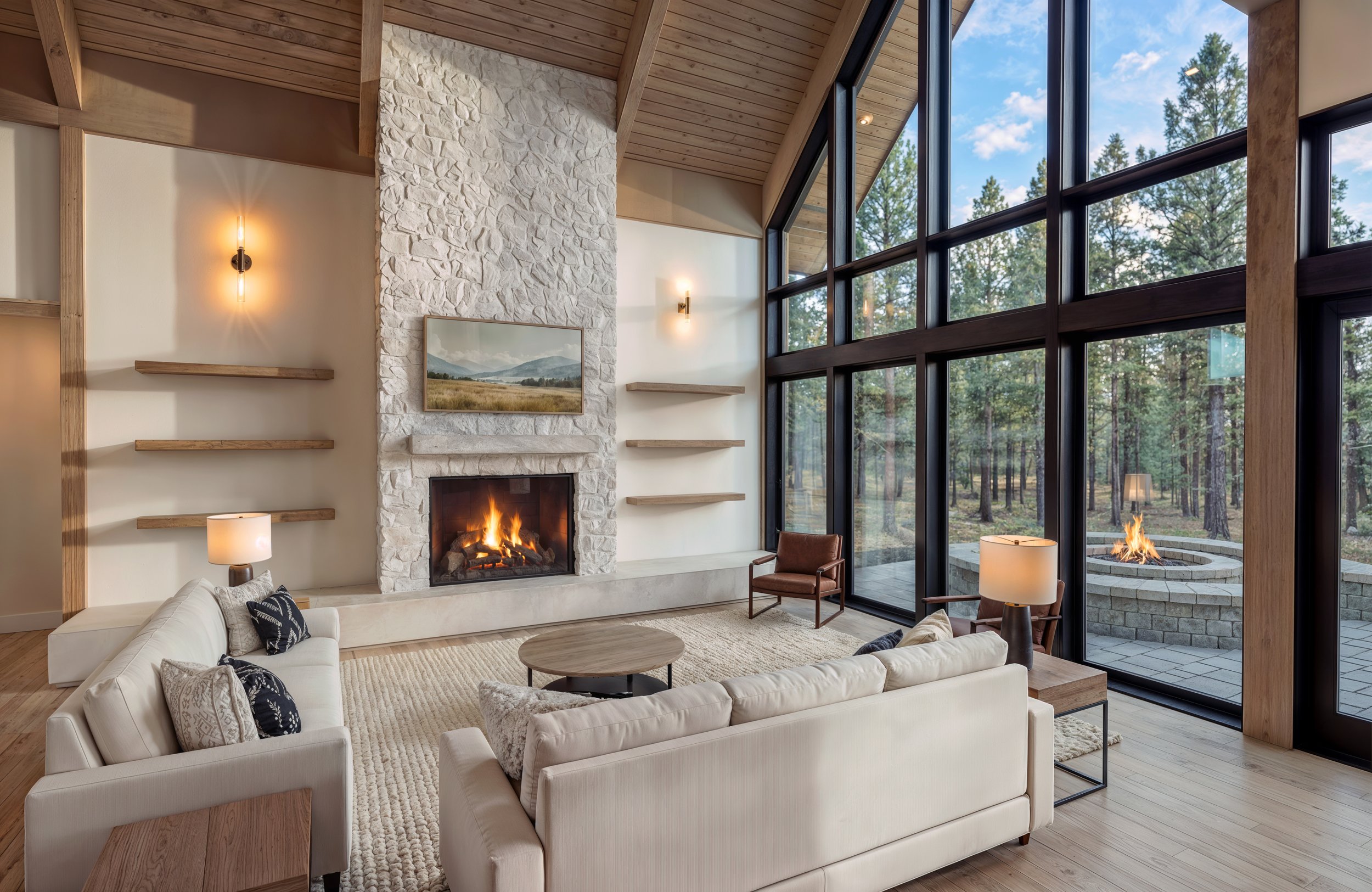Cascade mountain house interior design with warm timber and glass